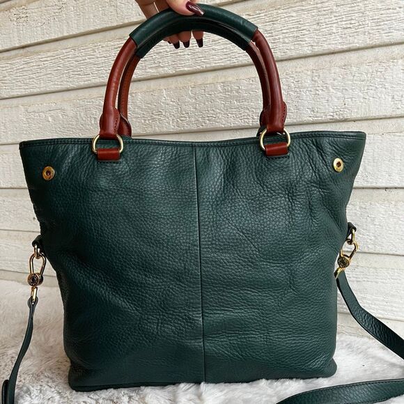 ISAAC MIZRAHI Green Brown Leather Laptop Work Tote Shoulder Bag Bridgehampton - Picture 8 of 12